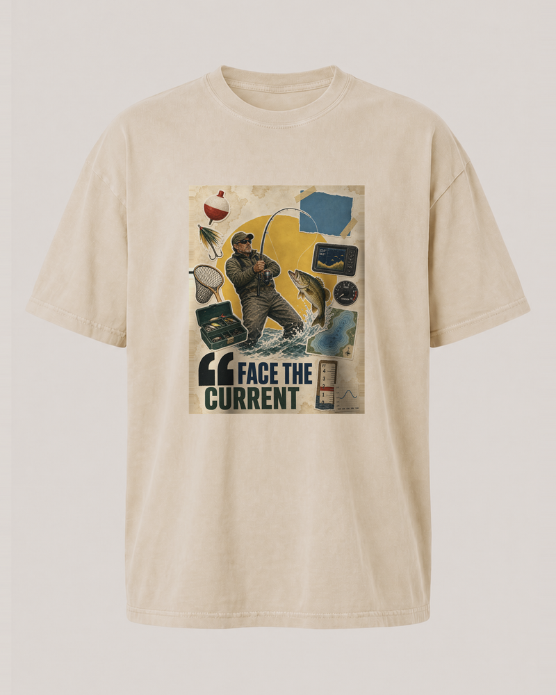 Face The Current washed tee — washed bone, front