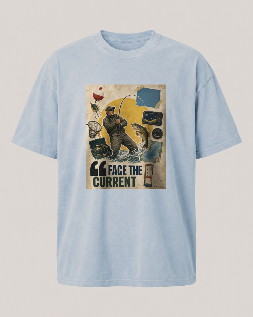 Face The Current washed tee — washed light blue, front