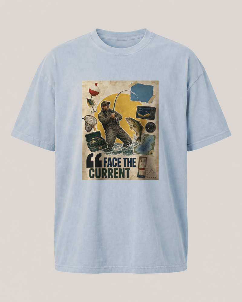 Face The Current washed tee — washed light blue, front