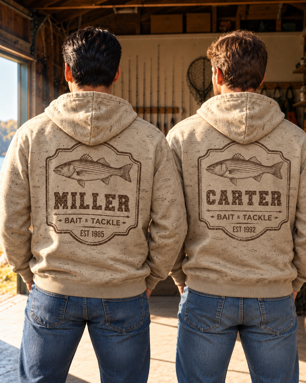 Family Bait & Tackle Custom All-Over Print Hoodie — two people, back
