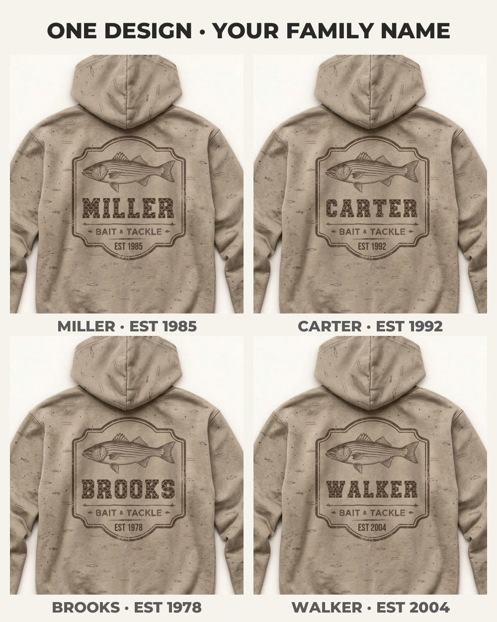 Family Bait & Tackle Custom All-Over Print Hoodie — four versions
