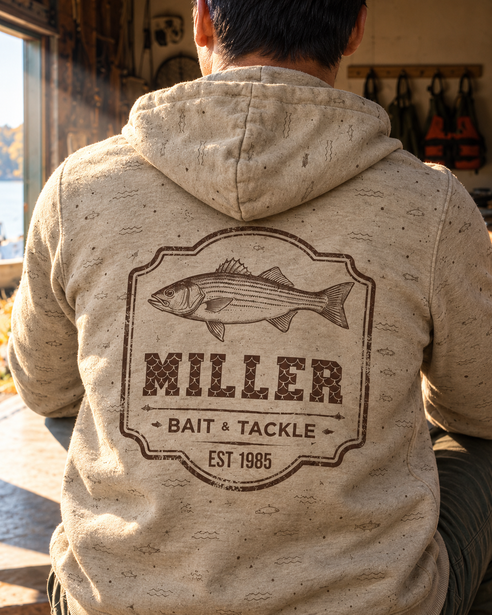Family Bait & Tackle Custom All-Over Print Hoodie — model back angle