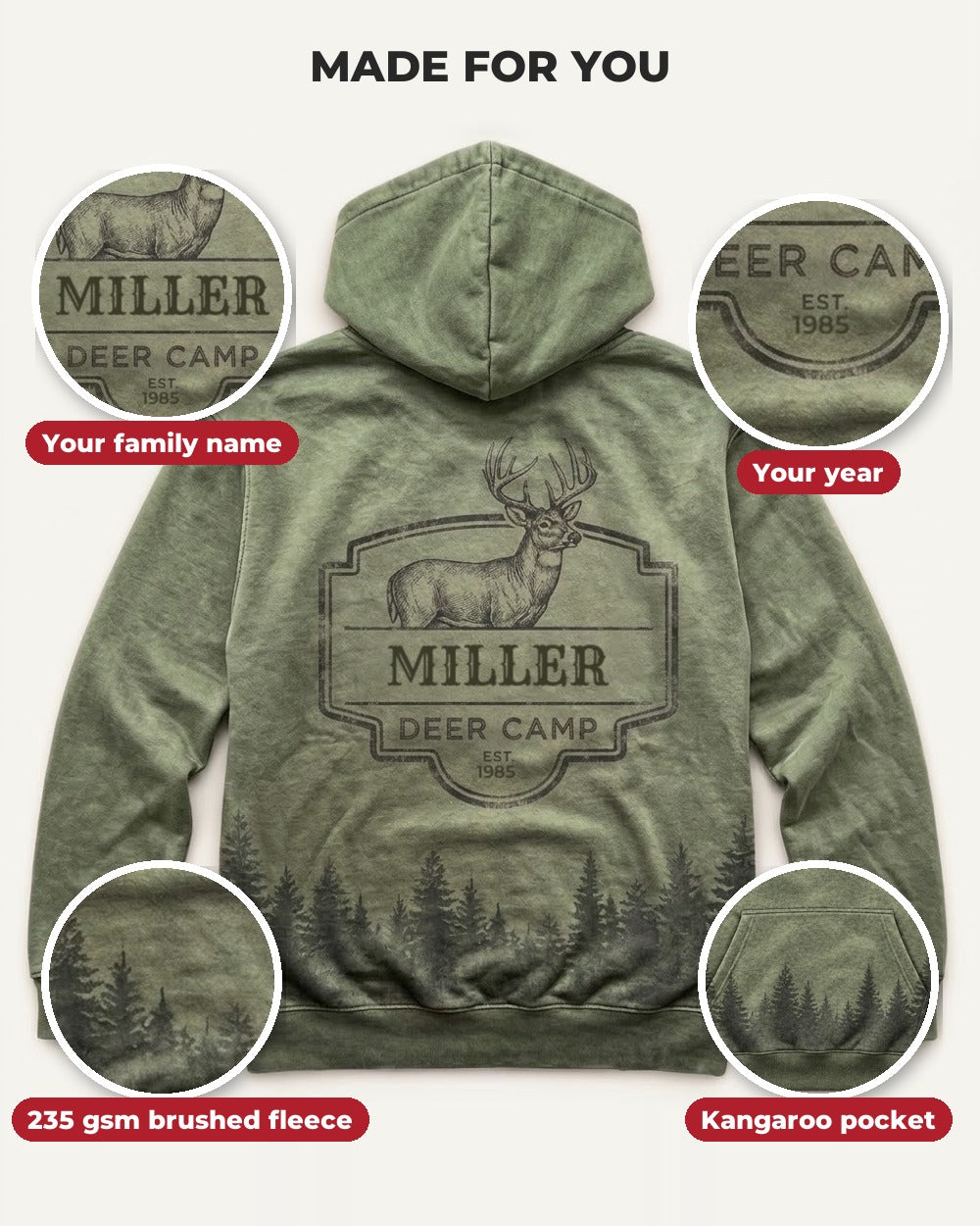 Family Deer Camp Custom All-Over Print Hoodie — details