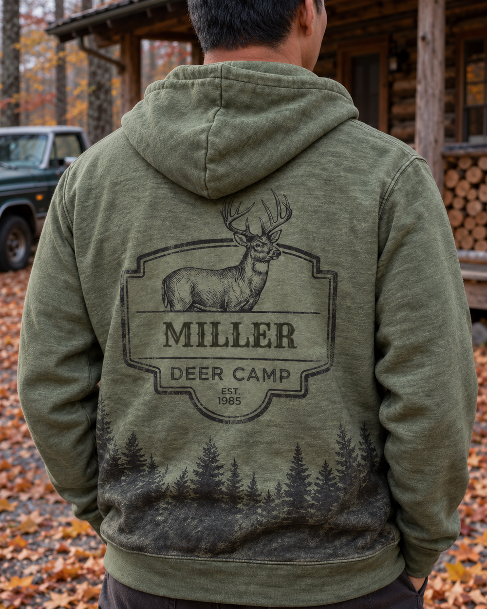 Family Deer Camp Custom All-Over Print Hoodie — model back angle