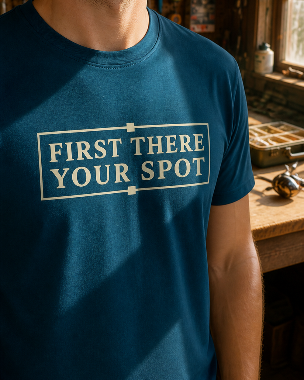 First There, Your Spot tee — midnight navy, worn, side