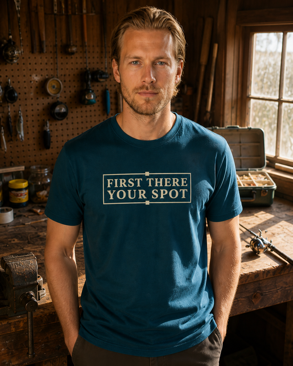 First There, Your Spot tee — midnight navy, worn, front