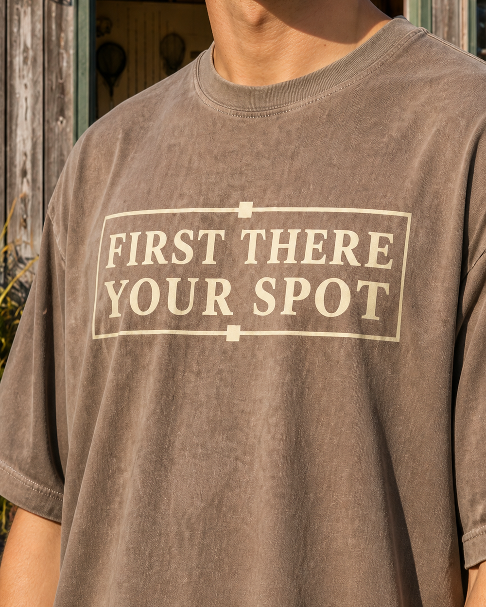 First There, Your Spot washed tee — washed coffee, worn, side