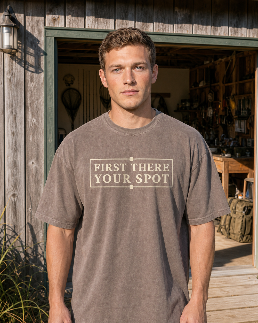 First There, Your Spot washed tee — washed coffee, worn, front
