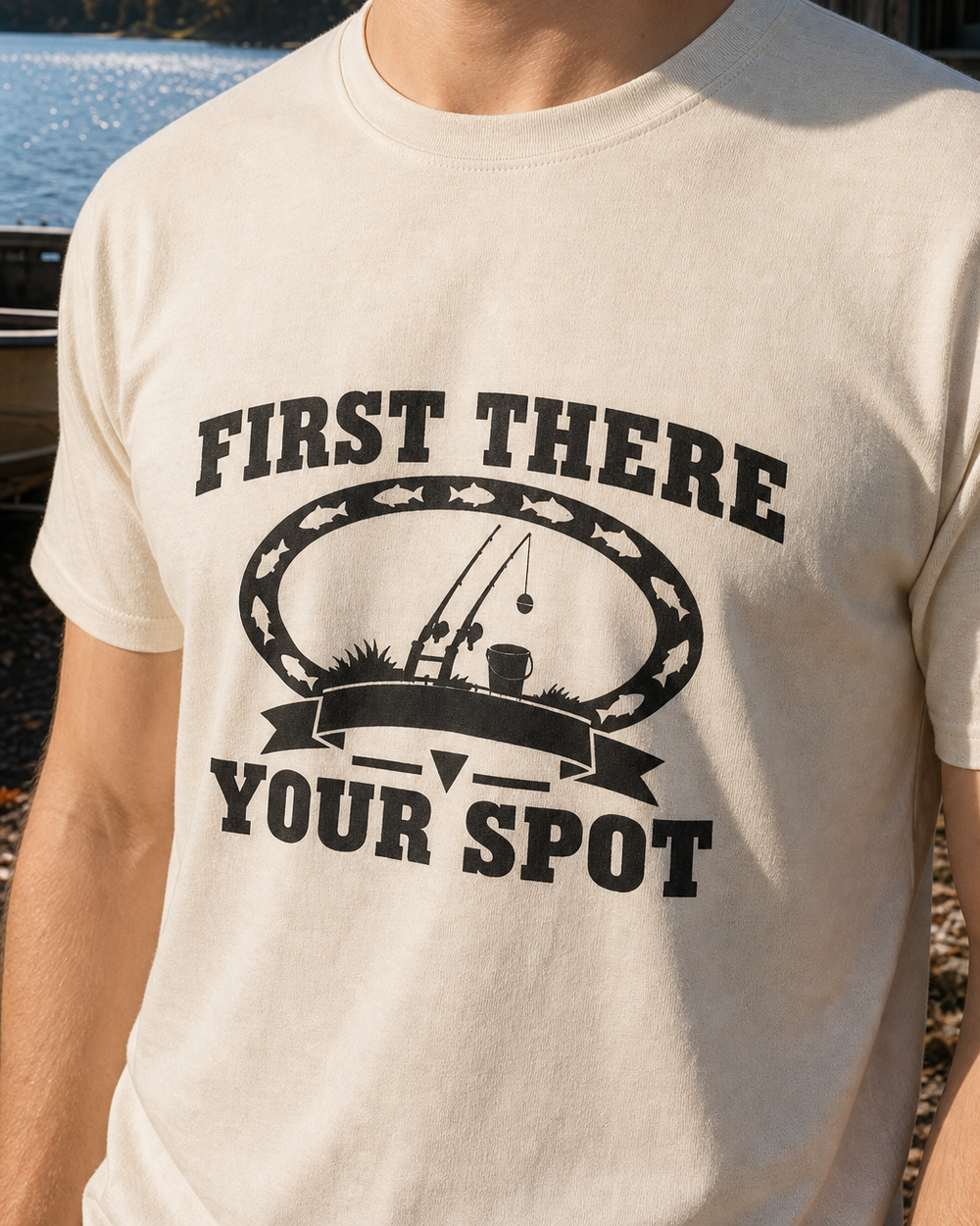 First There Your Spot Heritage tee — bone, worn, side