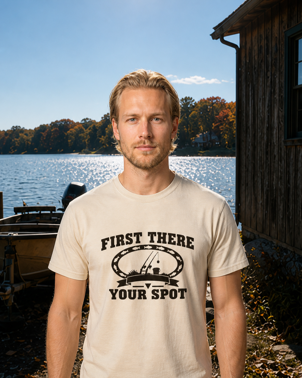 First There Your Spot Heritage tee — bone, worn, front