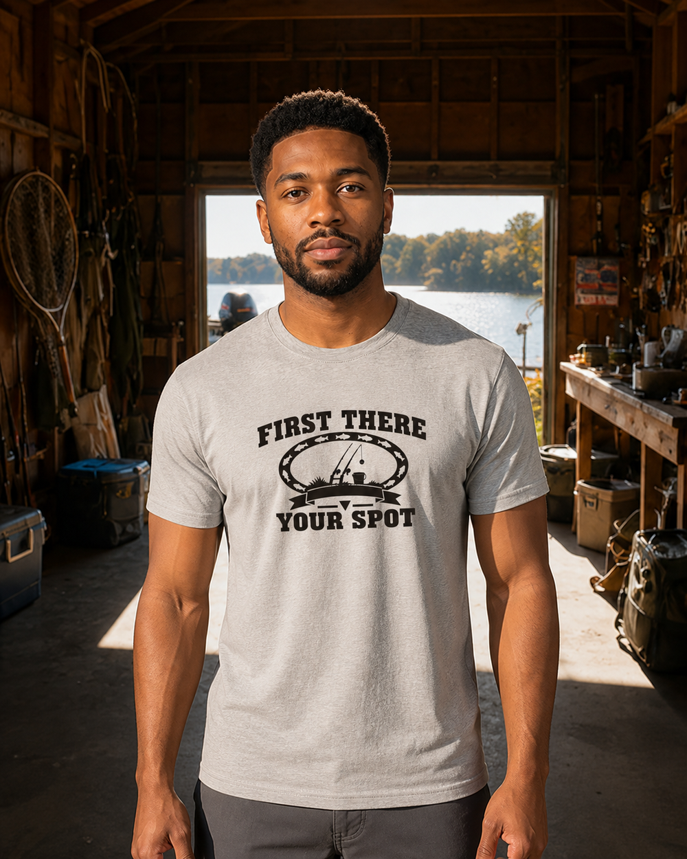 First There Your Spot Heritage tee — sports grey, worn, front