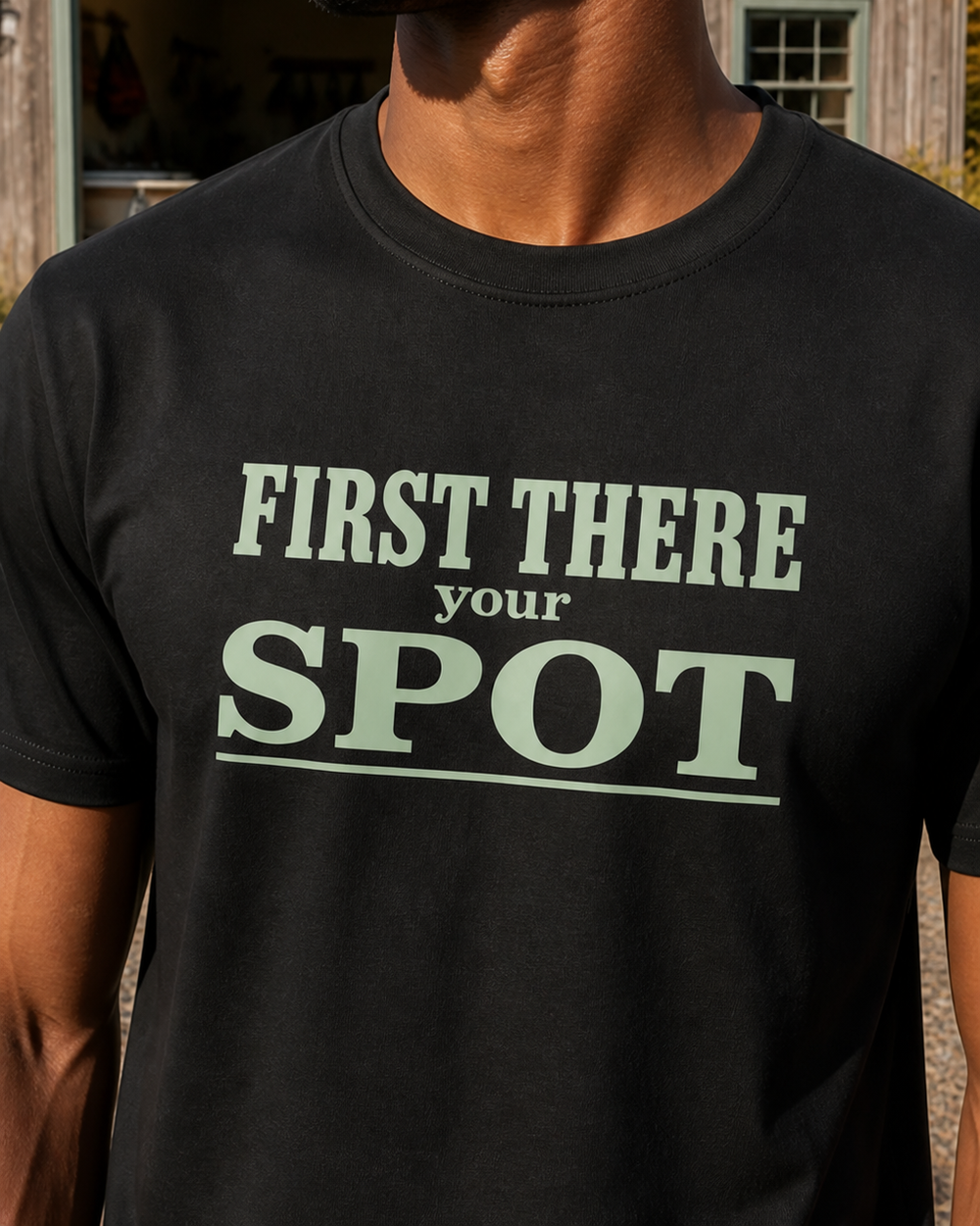First There Your Spot Stacked tee — black, worn, side