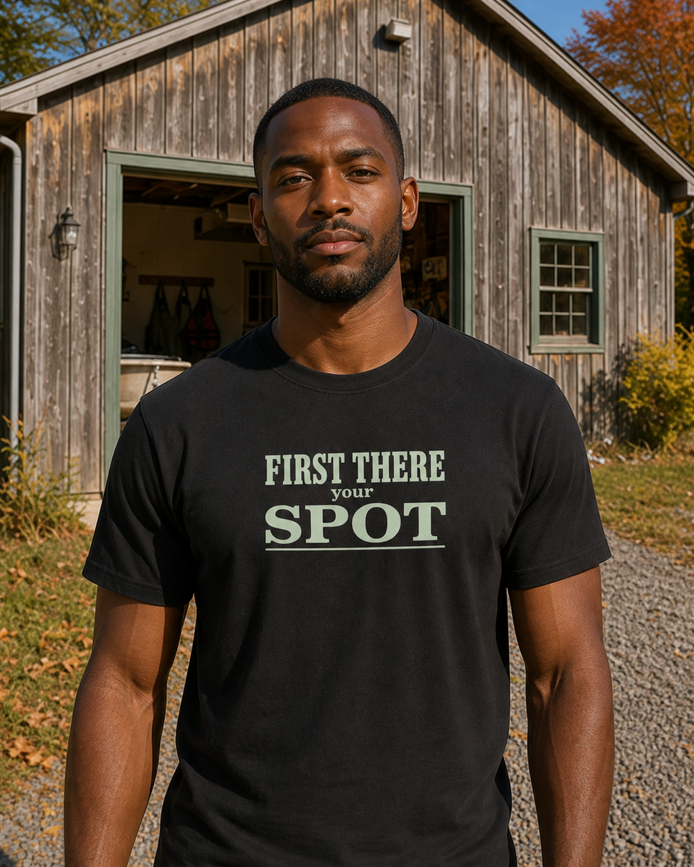 First There Your Spot Stacked tee — black, worn, front