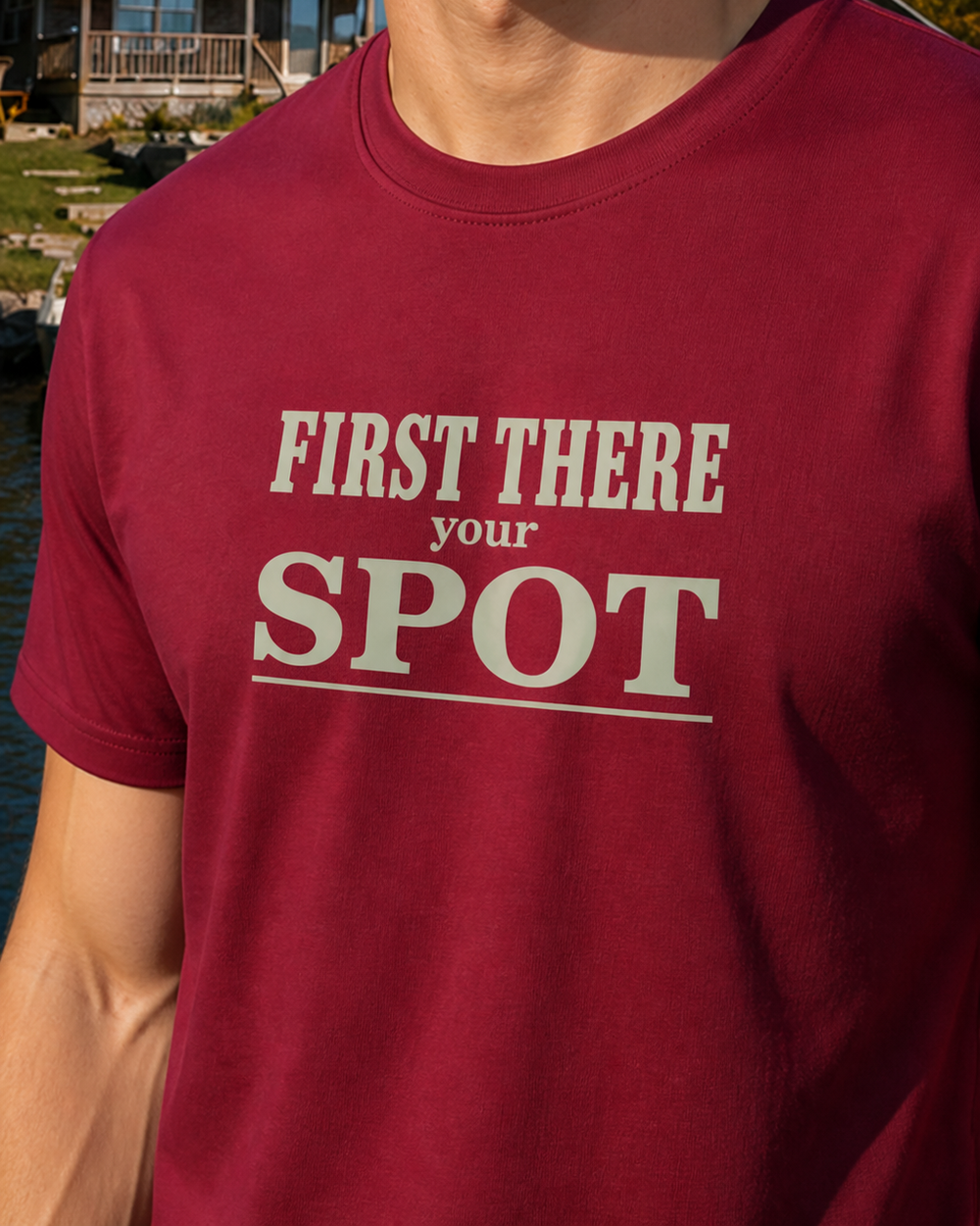 First There Your Spot Stacked tee — worn, side