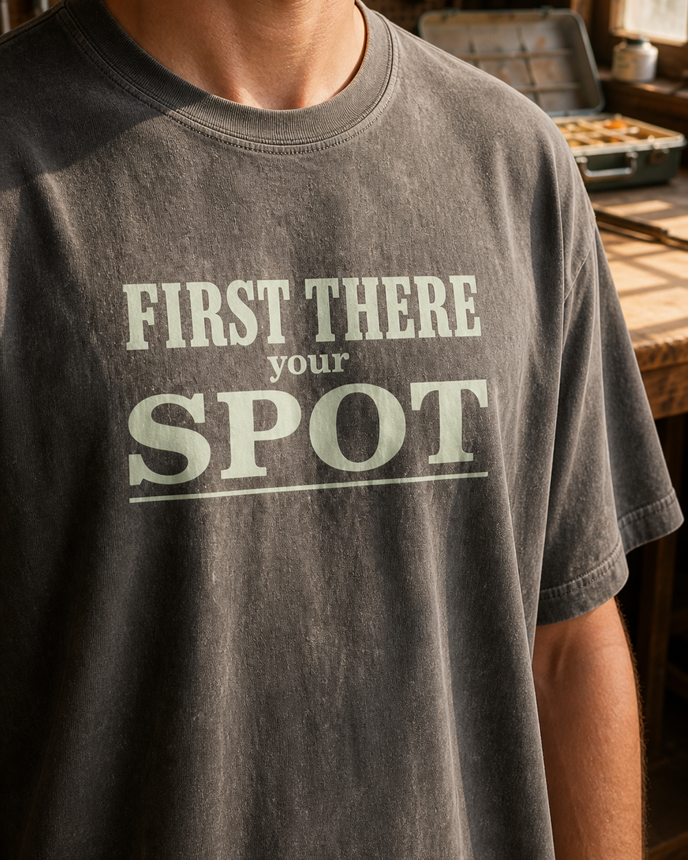 First There Your Spot Stacked washed tee — washed black, worn, side
