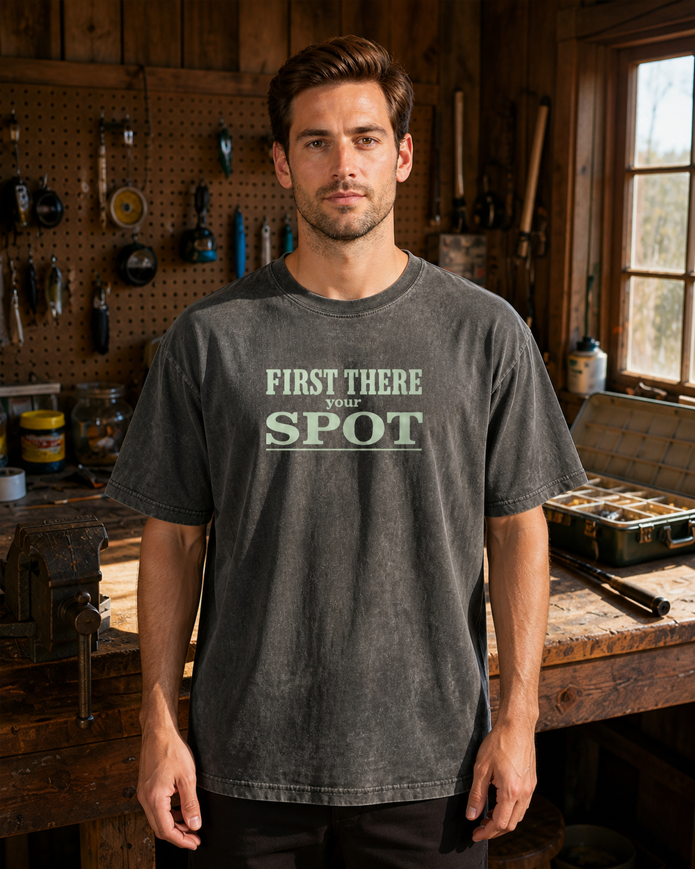 First There Your Spot Stacked washed tee — washed black, worn, front