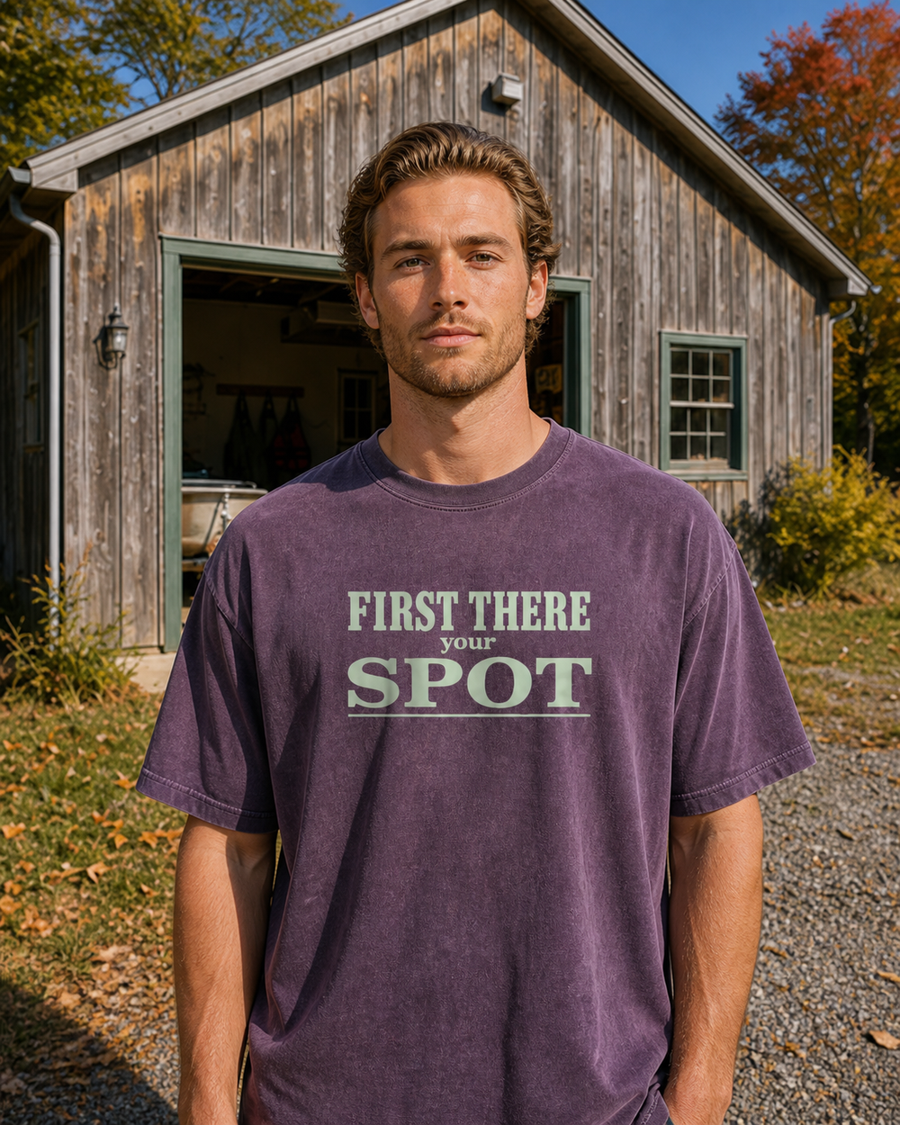 First There Your Spot Stacked washed tee — washed violet, worn, front