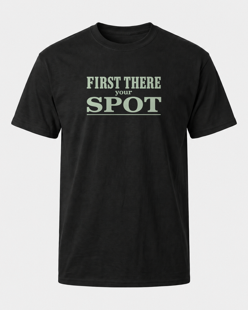 First There Your Spot Stacked tee — black, front