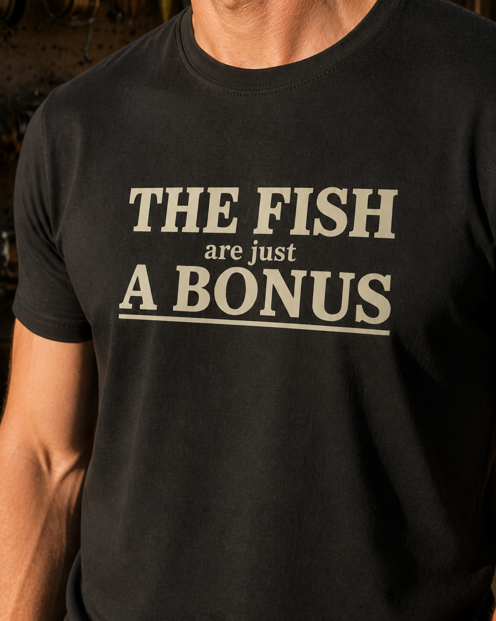 The Fish Are Just A Bonus tee — black, worn, side