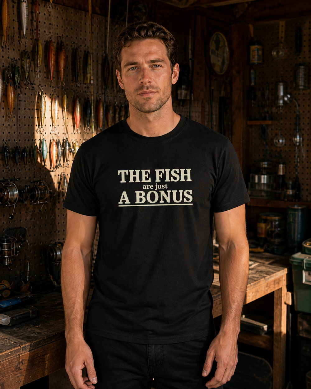 The Fish Are Just A Bonus tee — black, worn, front