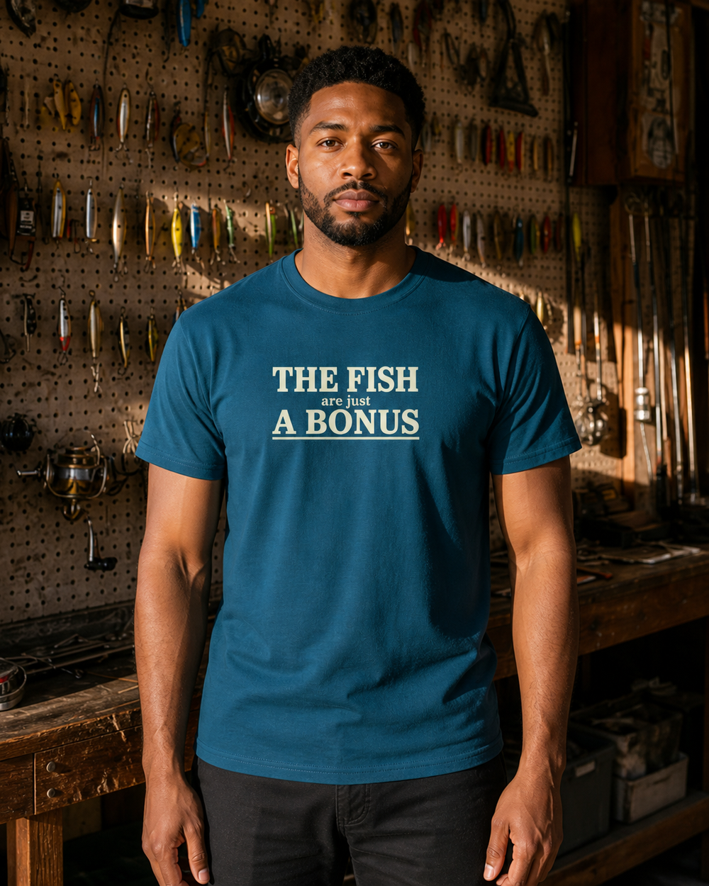 The Fish Are Just A Bonus tee — midnight navy, worn, front