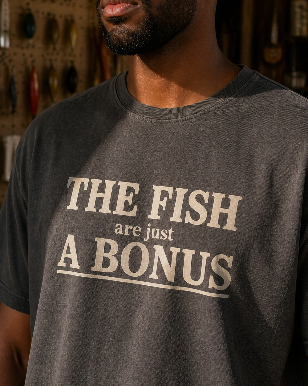The Fish Are Just A Bonus washed tee — washed black, worn, side