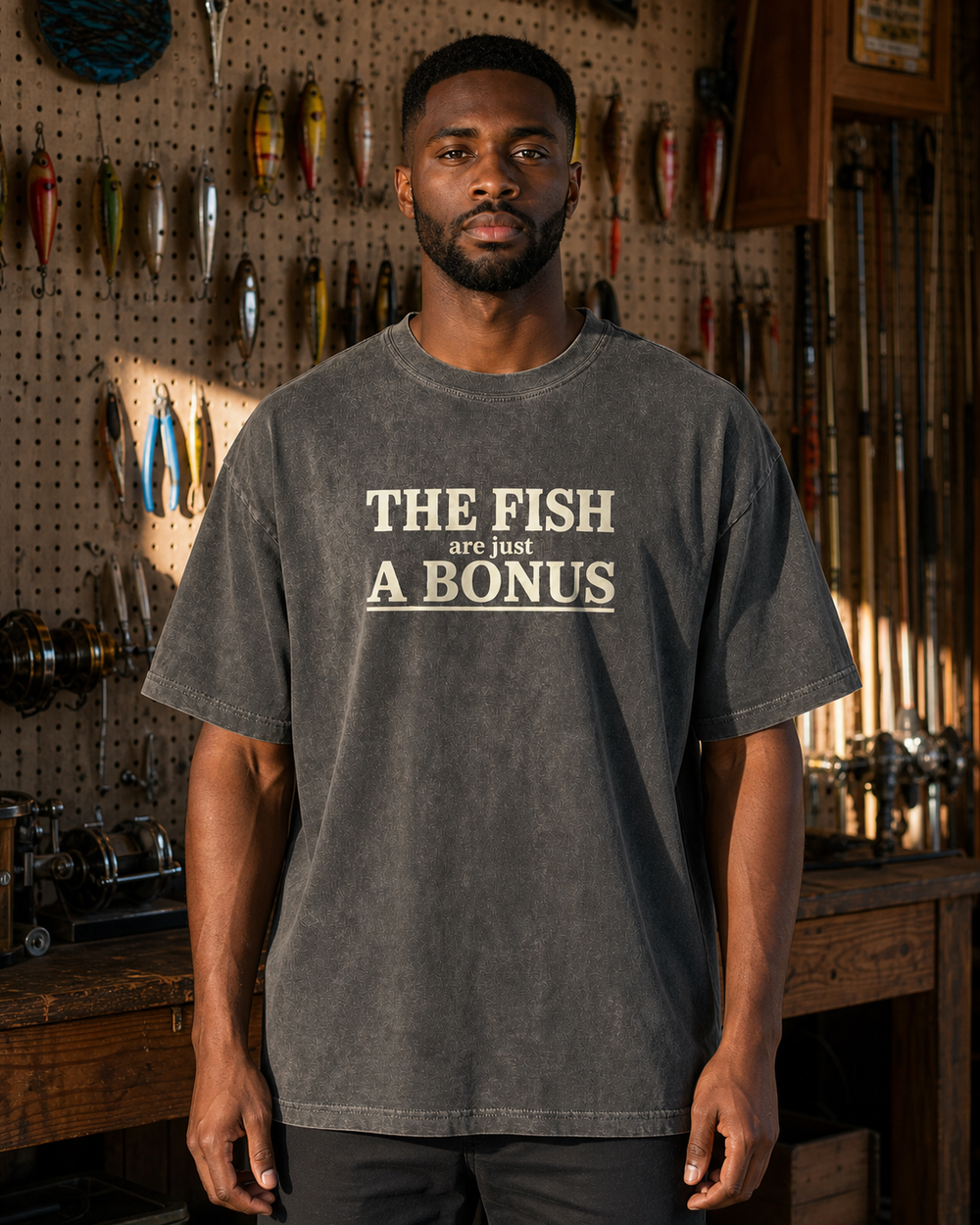 The Fish Are Just A Bonus washed tee — washed black, worn, front