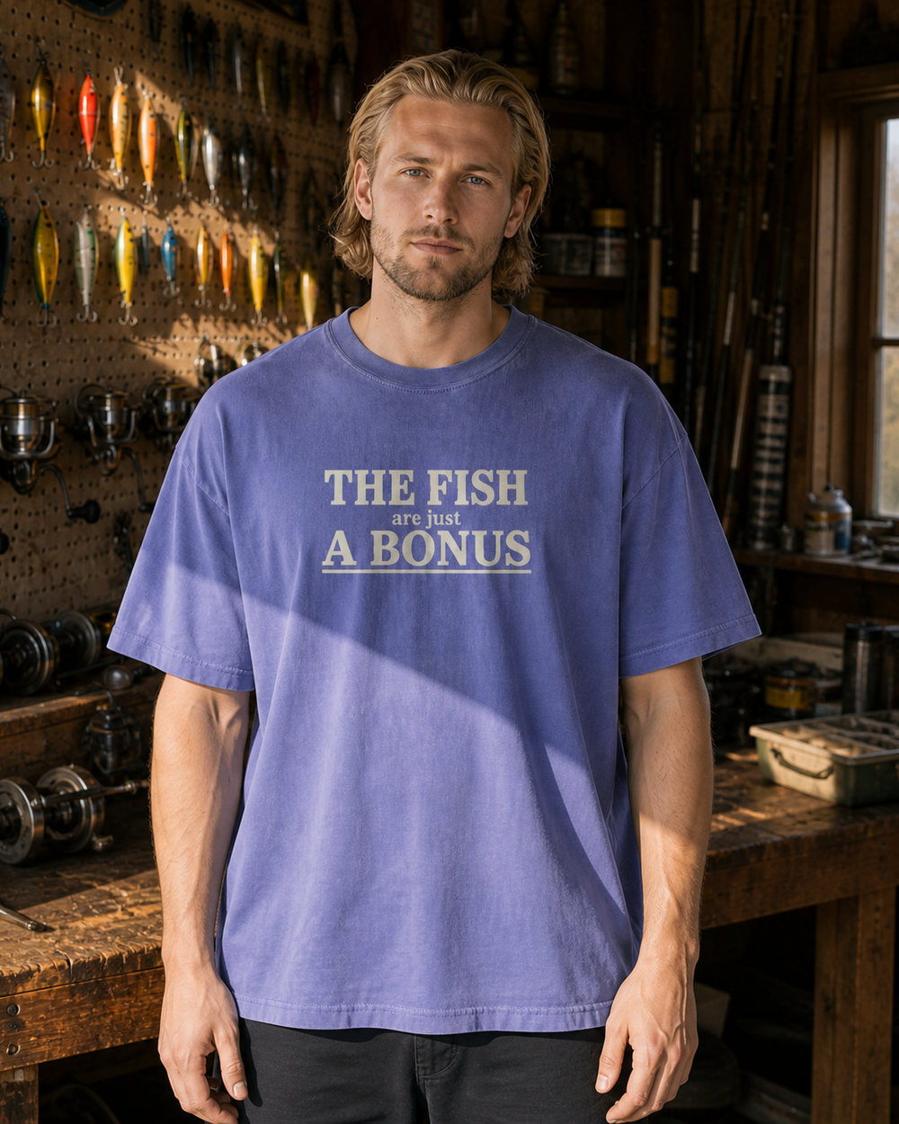 The Fish Are Just A Bonus washed tee — washed blue, worn, front