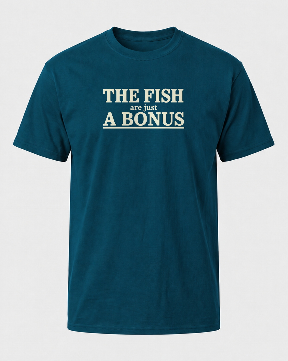 The Fish Are Just A Bonus tee — midnight navy, front