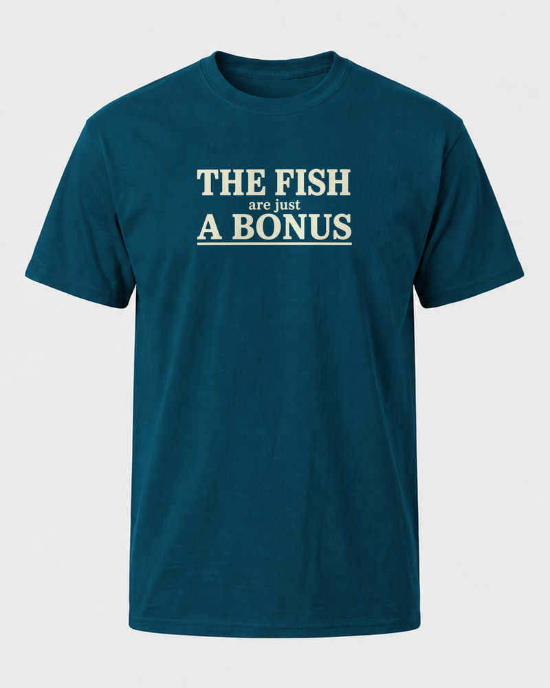 The Fish Are Just A Bonus tee — midnight navy, front