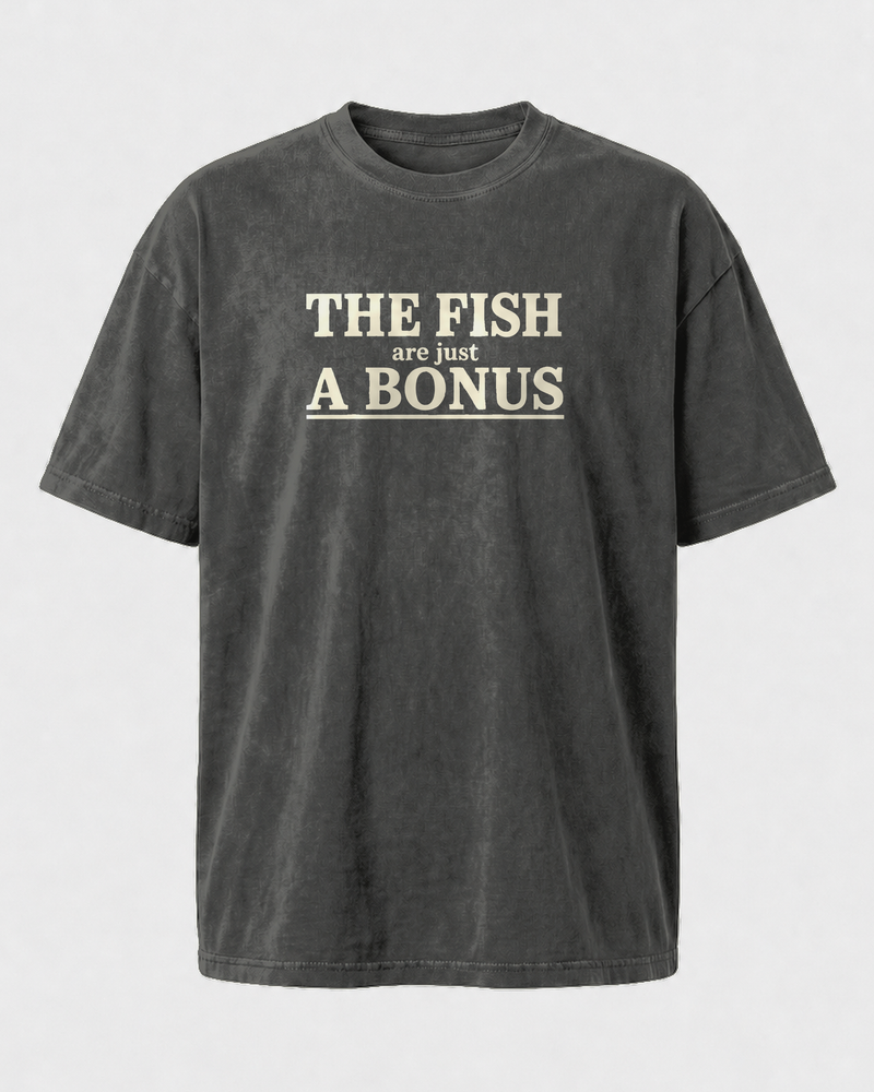 The Fish Are Just A Bonus washed tee — washed black, front
