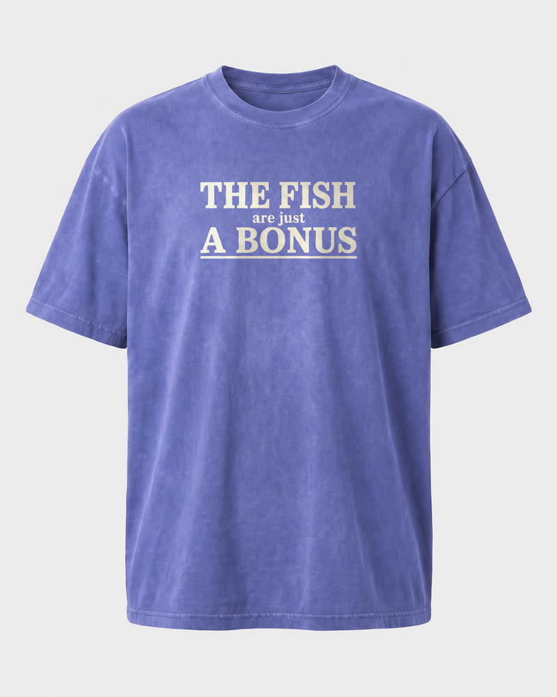 The Fish Are Just A Bonus washed tee — washed blue, front