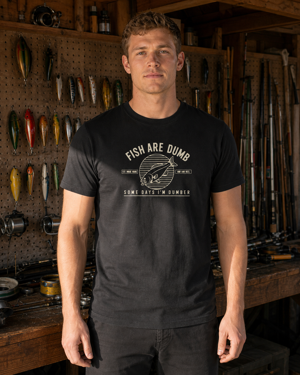 Fish Are Dumb Roundel tee — black, worn, front