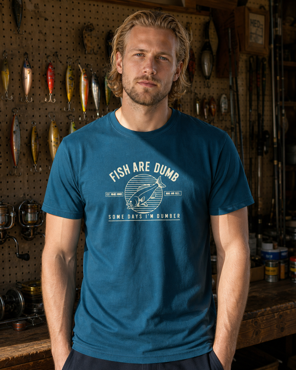 Fish Are Dumb Roundel tee — midnight navy, worn, front