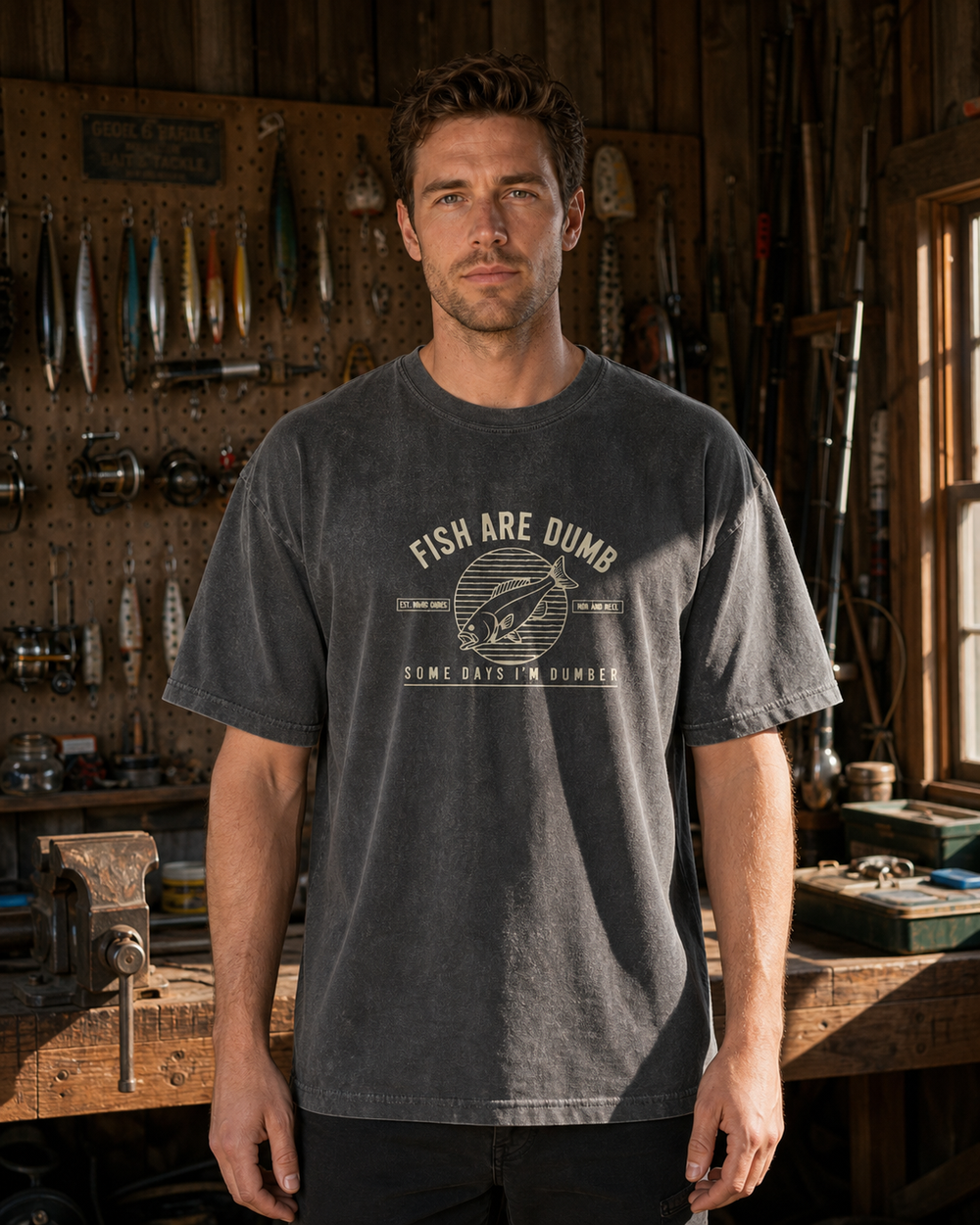 Fish Are Dumb Roundel washed tee — washed black, worn, front