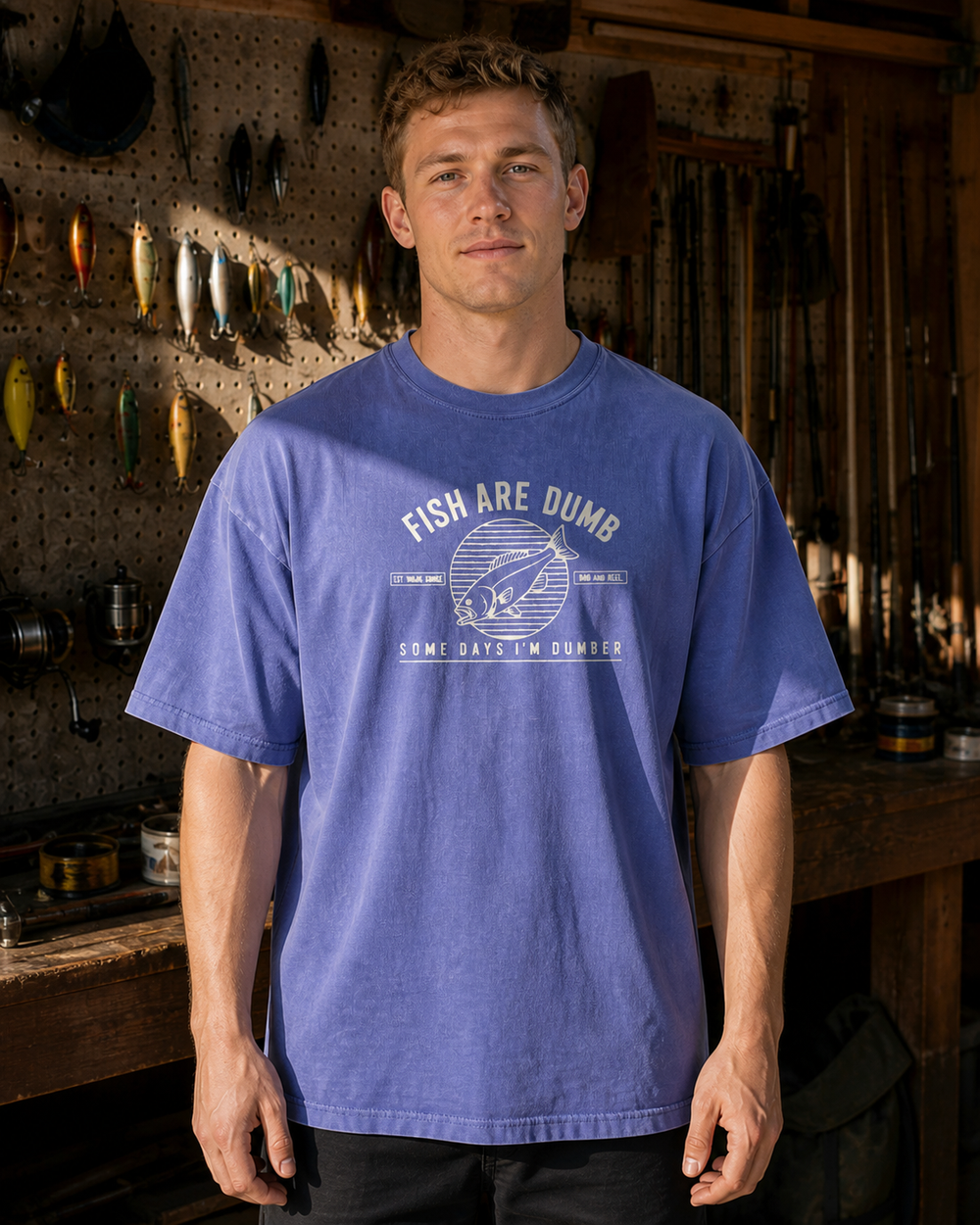 Fish Are Dumb Roundel washed tee — washed blue, worn, front