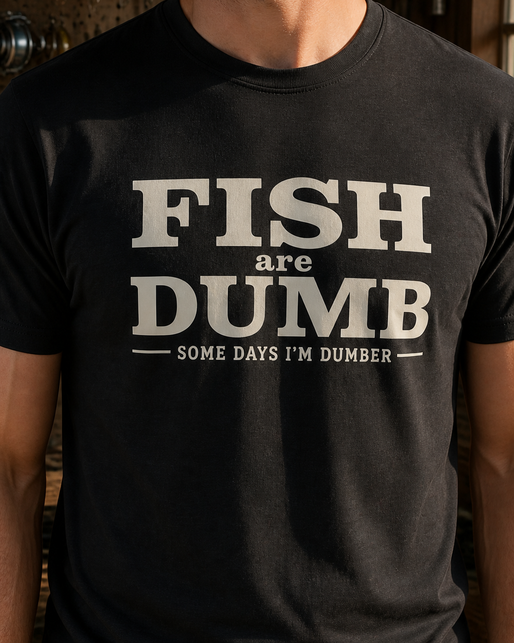 Fish Are Dumb tee — black, worn, side
