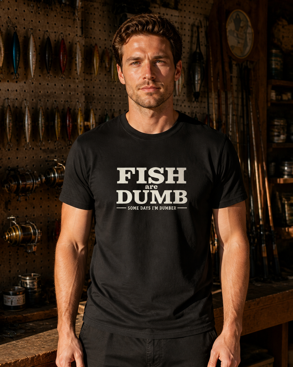 Fish Are Dumb tee — black, worn, front