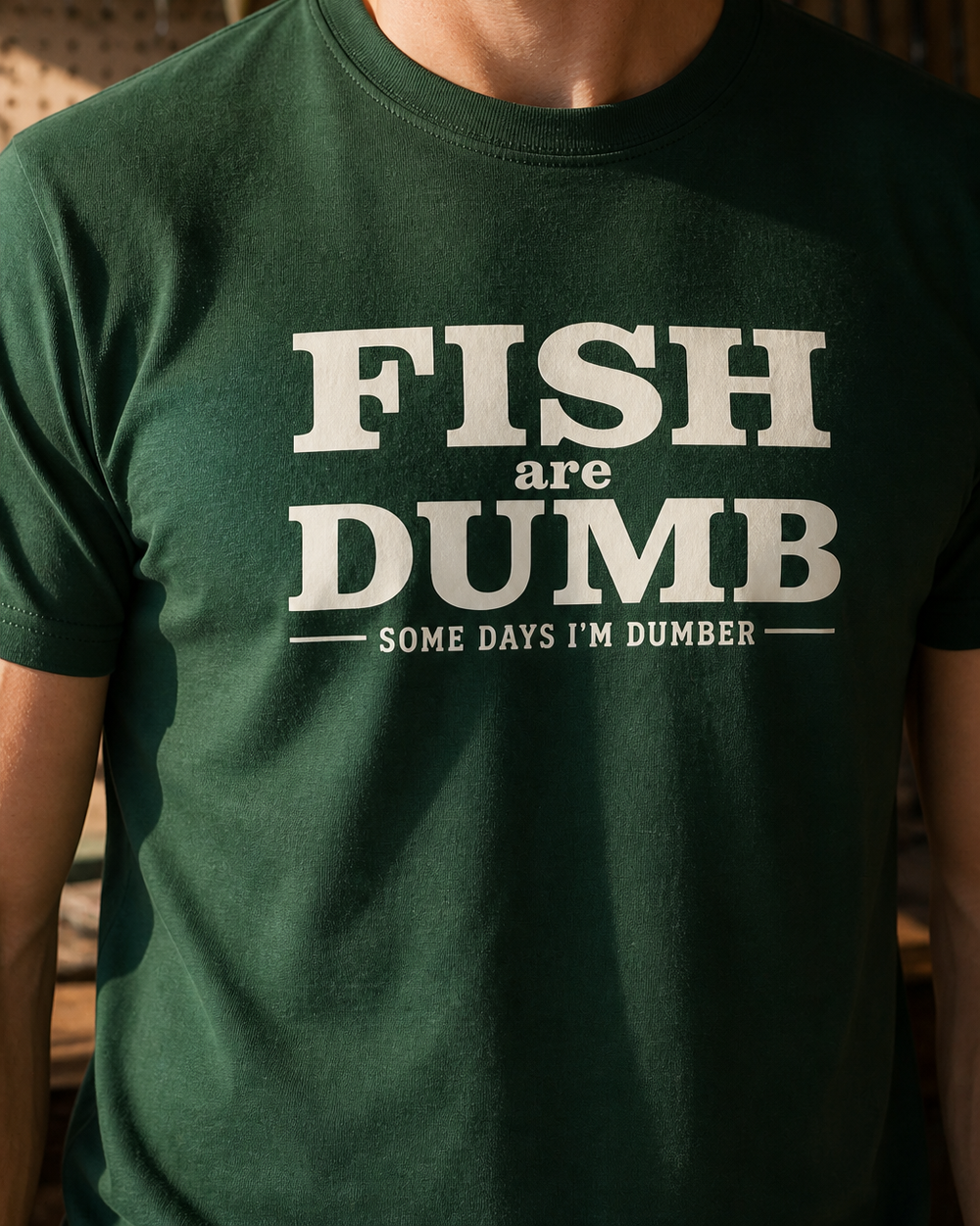 Fish Are Dumb tee — forest, worn, side