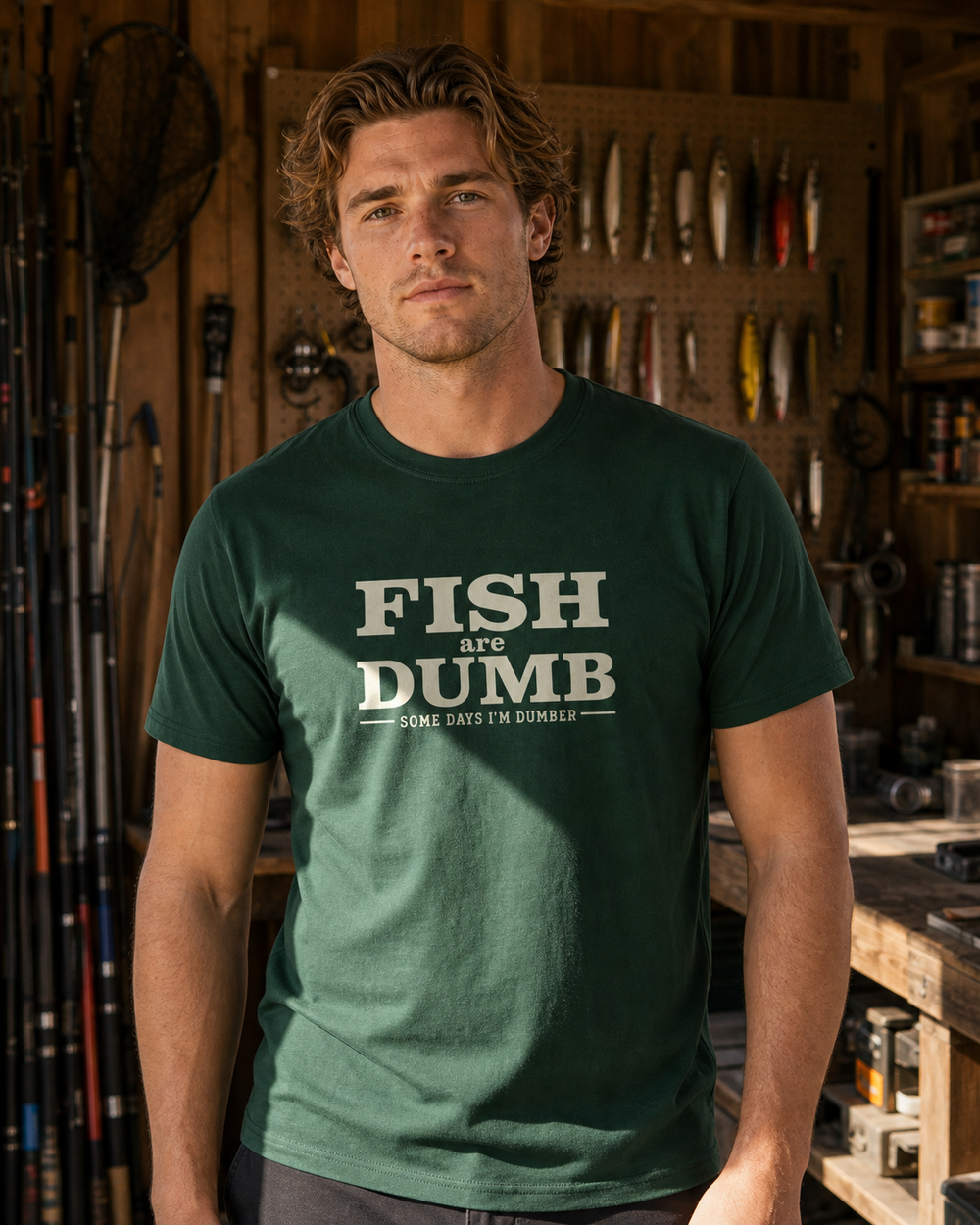 Fish Are Dumb tee — forest, worn, front