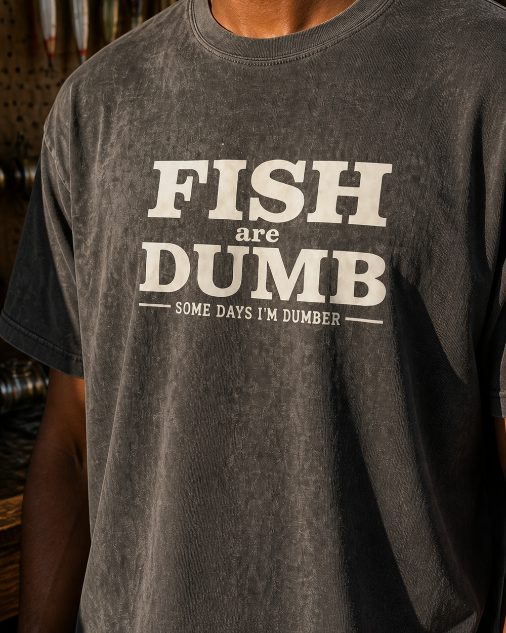 Fish Are Dumb washed tee — washed black, worn, side