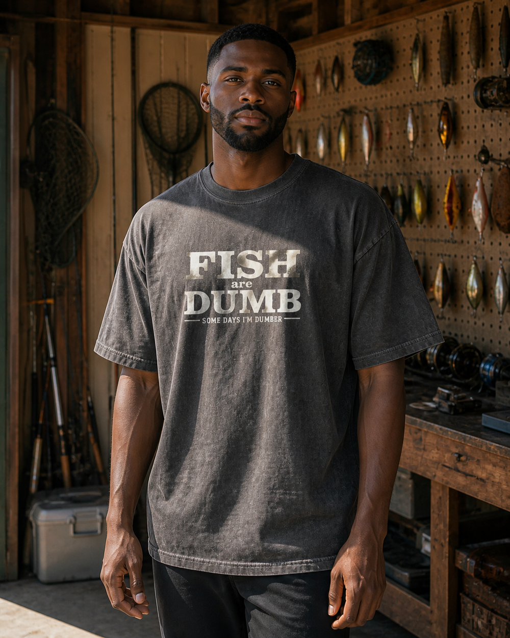 Fish Are Dumb washed tee — washed black, worn, front