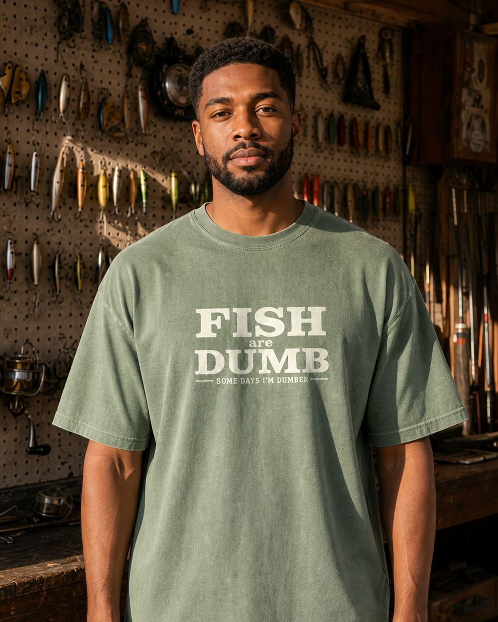 Fish Are Dumb washed tee — washed sage, worn, front