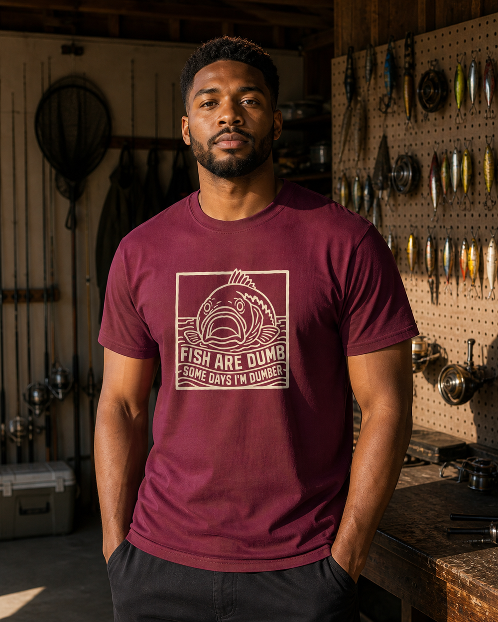 Fish Are Dumb Etched tee — maroon, worn, front