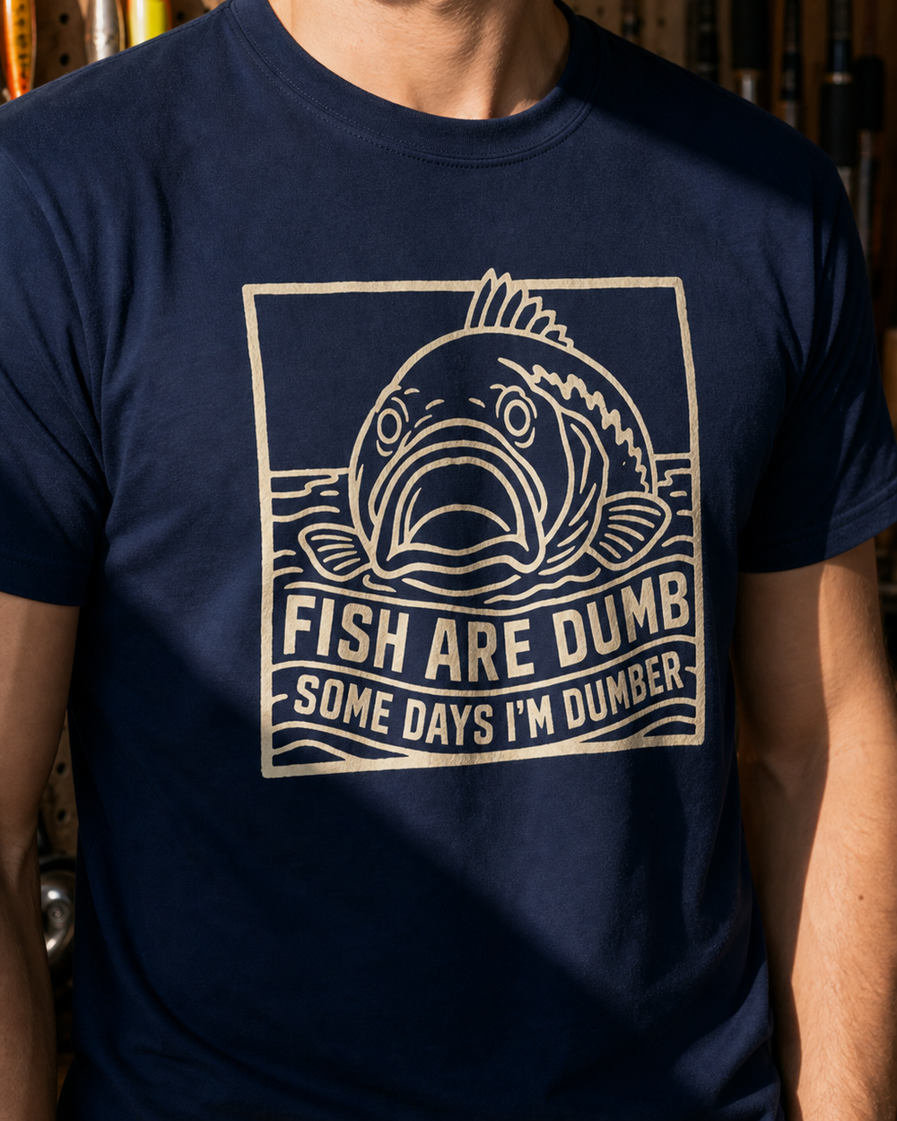 Fish Are Dumb Etched tee — navy, worn, side
