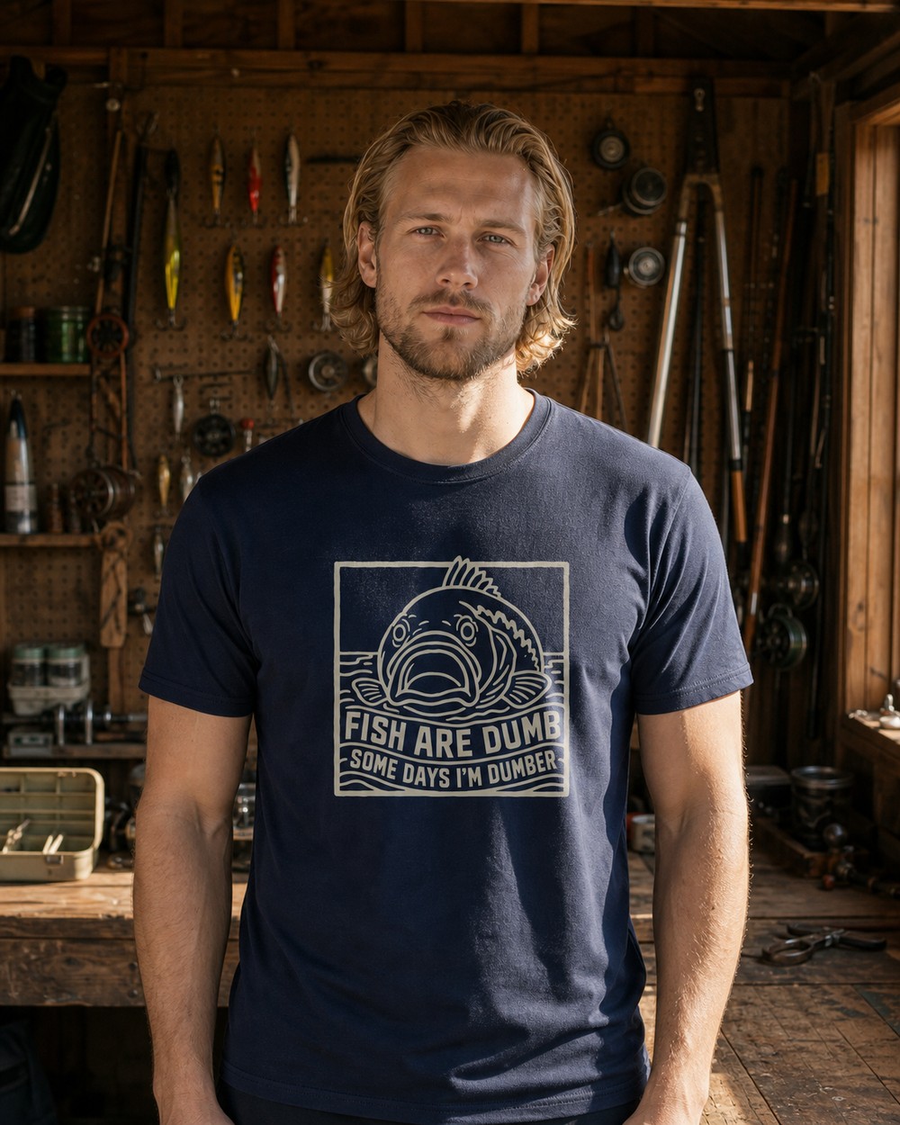 Fish Are Dumb Etched tee — navy, worn, front
