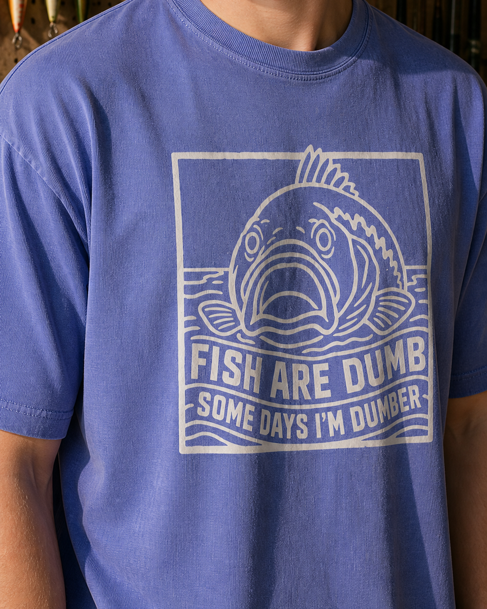 Fish Are Dumb Etched washed tee — washed blue, worn, side