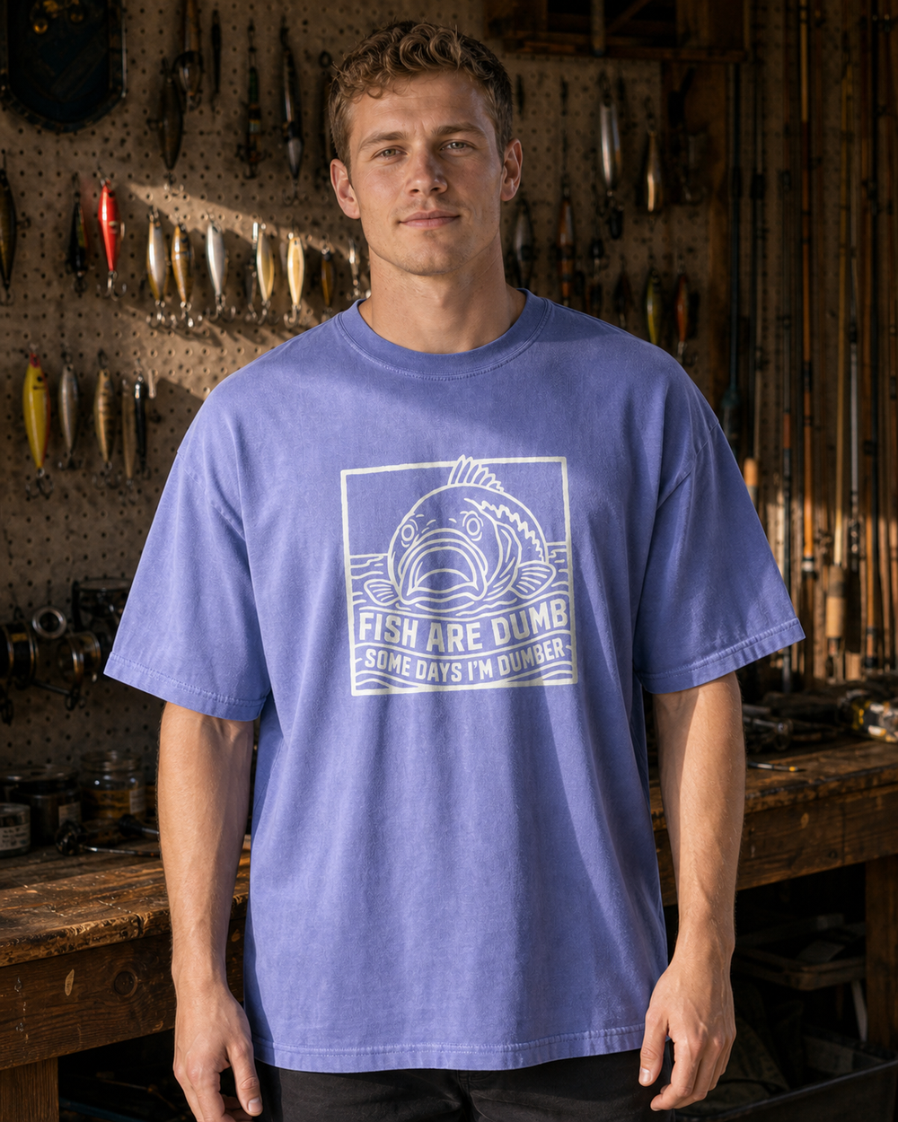 Fish Are Dumb Etched washed tee — washed blue, worn, front