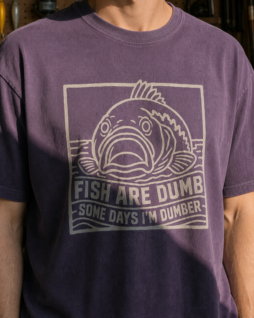 Fish Are Dumb Etched washed tee — washed violet, worn, side
