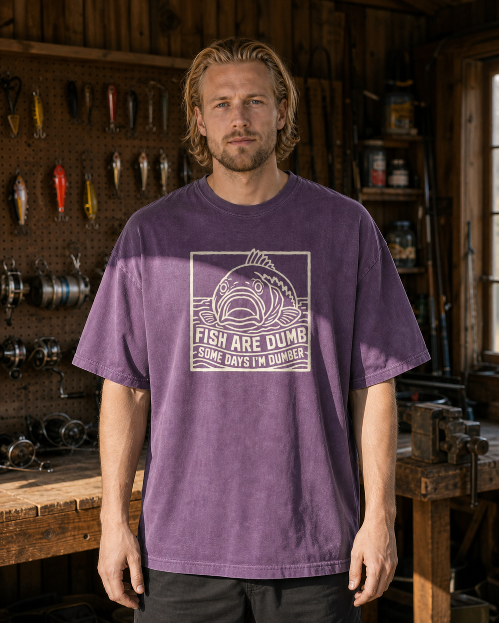 Fish Are Dumb Etched washed tee — washed violet, worn, front